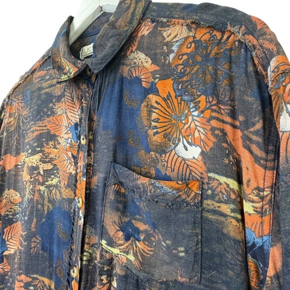 We The Free Button Down XS Oversized Blue Orange Tropical Floral Raw Edge Shirt - Picture 5 of 15
